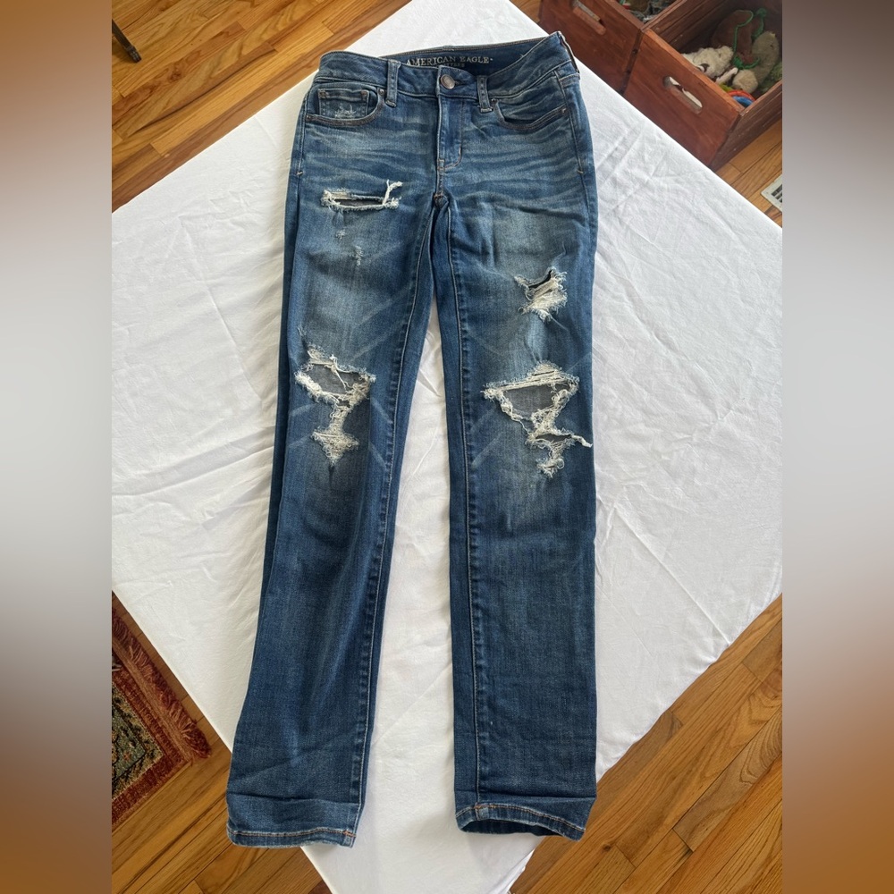 American Eagle Outfitters Dark Blue Distressed Straight Leg Jeans